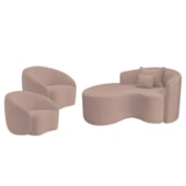 Kit Recamier Curvo Sala de Estar Inglaterra 150cm Lado Esquerdo e 2 Poltronas Orgânica Luxo Amore Linho Rose