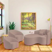 Kit Recamier Curvo Sala de Estar Inglaterra 150cm Lado Esquerdo e 2 Poltronas Orgânica Luxo Amore Linho Rose