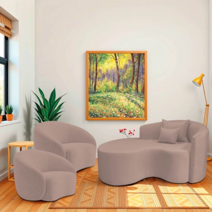 Kit Recamier Curvo Sala de Estar Inglaterra 150cm Lado Esquerdo e 2 Poltronas Orgânica Luxo Amore Linho Rose
