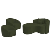 Kit Recamier Curvo Sala de Estar Inglaterra 150cm Lado Esquerdo e 2 Poltronas Orgânica Luxo Amore Linho Verde