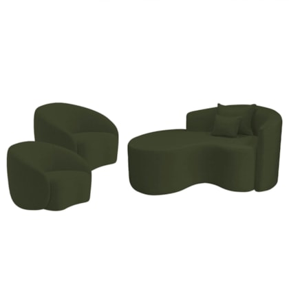 Kit Recamier Curvo Sala de Estar Inglaterra 150cm Lado Esquerdo e 2 Poltronas Orgânica Luxo Amore Linho Verde