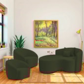 Kit Recamier Curvo Sala de Estar Inglaterra 150cm Lado Esquerdo e 2 Poltronas Orgânica Luxo Amore Linho Verde