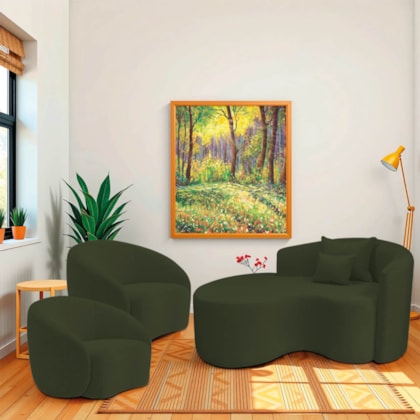 Kit Recamier Curvo Sala de Estar Inglaterra 150cm Lado Esquerdo e 2 Poltronas Orgânica Luxo Amore Linho Verde