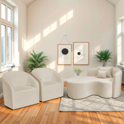 Kit Recamier Curvo Sala de Estar Inglaterra 150cm Lado Esquerdo e 2 Poltronas Orgânica Luxo Luiza Max Bouclé Bege