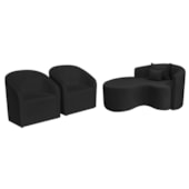 Kit Recamier Curvo Sala de Estar Inglaterra 150cm Lado Esquerdo e 2 Poltronas Orgânica Luxo Luiza Max Bouclé Preto