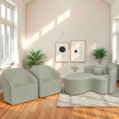 Kit Recamier Curvo Sala de Estar Inglaterra 150cm Lado Esquerdo e 2 Poltronas Orgânica Luxo Luiza Max Bouclé Verde Oliva