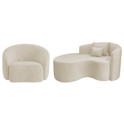 Kit Recamier Curvo Sala de Estar Inglaterra 150cm Lado Esquerdo e Poltrona Orgânica Luxo Amore Bouclé Bege