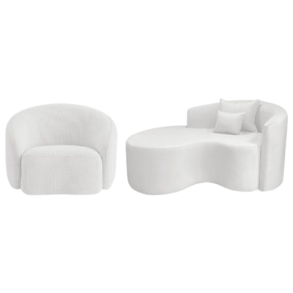 Kit Recamier Curvo Sala de Estar Inglaterra 150cm Lado Esquerdo e Poltrona Orgânica Luxo Amore Bouclé Branco