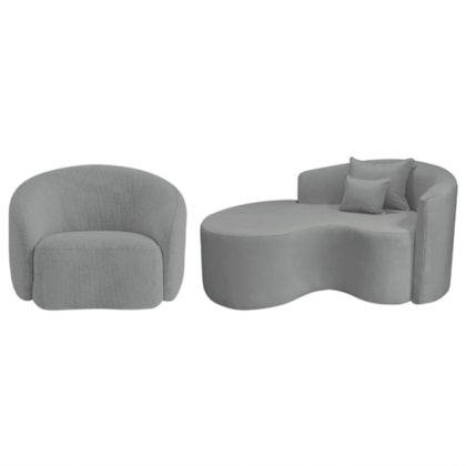 Kit Recamier Curvo Sala de Estar Inglaterra 150cm Lado Esquerdo e Poltrona Orgânica Luxo Amore Bouclé Cinza