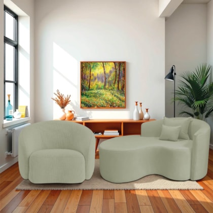Kit Recamier Curvo Sala de Estar Inglaterra 150cm Lado Esquerdo e Poltrona Orgânica Luxo Amore Bouclé Verde Oliva