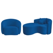 Kit Recamier Curvo Sala de Estar Inglaterra 150cm Lado Esquerdo e Poltrona Orgânica Luxo Amore Linho Azul Royal