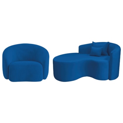 Kit Recamier Curvo Sala de Estar Inglaterra 150cm Lado Esquerdo e Poltrona Orgânica Luxo Amore Linho Azul Royal