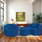 Kit Recamier Curvo Sala de Estar Inglaterra 150cm Lado Esquerdo e Poltrona Orgânica Luxo Amore Linho Azul Royal