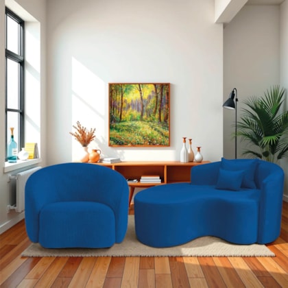 Kit Recamier Curvo Sala de Estar Inglaterra 150cm Lado Esquerdo e Poltrona Orgânica Luxo Amore Linho Azul Royal