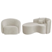 Kit Recamier Curvo Sala de Estar Inglaterra 150cm Lado Esquerdo e Poltrona Orgânica Luxo Amore Linho Bege