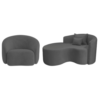 Kit Recamier Curvo Sala de Estar Inglaterra 150cm Lado Esquerdo e Poltrona Orgânica Luxo Amore Linho Cinza Escuro