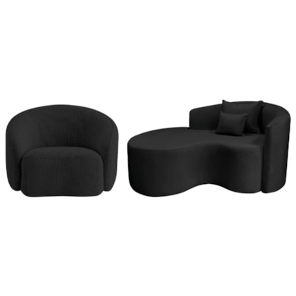 Kit Recamier Curvo Sala de Estar Inglaterra 150cm Lado Esquerdo e Poltrona Orgânica Luxo Amore Linho Preto