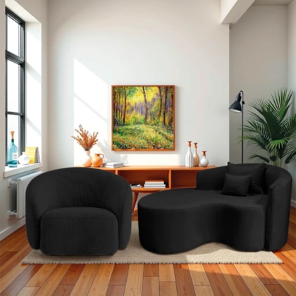 Kit Recamier Curvo Sala de Estar Inglaterra 150cm Lado Esquerdo e Poltrona Orgânica Luxo Amore Linho Preto