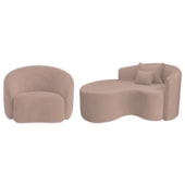 Kit Recamier Curvo Sala de Estar Inglaterra 150cm Lado Esquerdo e Poltrona Orgânica Luxo Amore Linho Rose