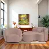 Kit Recamier Curvo Sala de Estar Inglaterra 150cm Lado Esquerdo e Poltrona Orgânica Luxo Amore Linho Rose