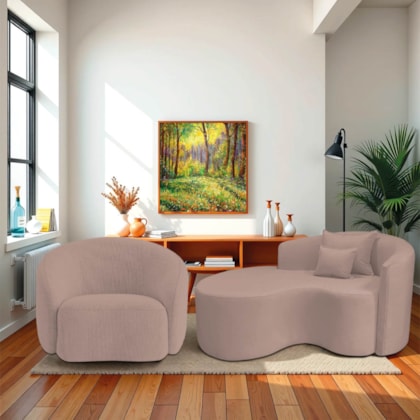 Kit Recamier Curvo Sala de Estar Inglaterra 150cm Lado Esquerdo e Poltrona Orgânica Luxo Amore Linho Rose