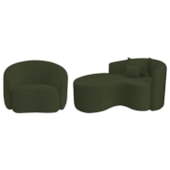 Kit Recamier Curvo Sala de Estar Inglaterra 150cm Lado Esquerdo e Poltrona Orgânica Luxo Amore Linho Verde
