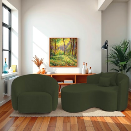 Kit Recamier Curvo Sala de Estar Inglaterra 150cm Lado Esquerdo e Poltrona Orgânica Luxo Amore Linho Verde