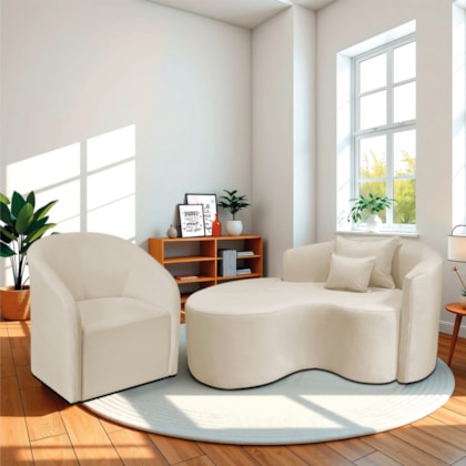 Kit Recamier Curvo Sala de Estar Inglaterra 150cm Lado Esquerdo e Poltrona Orgânica Luxo Luiza Max Bouclé Bege