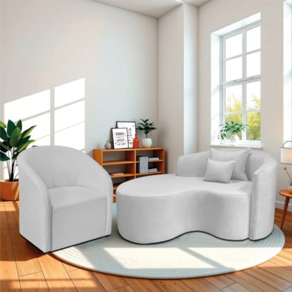 Kit Recamier Curvo Sala de Estar Inglaterra 150cm Lado Esquerdo e Poltrona Orgânica Luxo Luiza Max Bouclé Branco