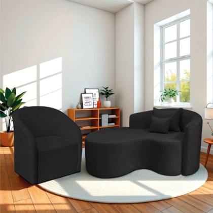 Kit Recamier Curvo Sala de Estar Inglaterra 150cm Lado Esquerdo e Poltrona Orgânica Luxo Luiza Max Bouclé Preto
