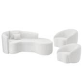 Kit Recamier Curvo Sala de Estar Inglaterra 180cm Lado Direito e 2 Poltronas Orgânica Luxo Amore Bouclé Branco