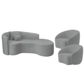Kit Recamier Curvo Sala de Estar Inglaterra 180cm Lado Direito e 2 Poltronas Orgânica Luxo Amore Bouclé Cinza