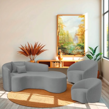 Kit Recamier Curvo Sala de Estar Inglaterra 180cm Lado Direito e 2 Poltronas Orgânica Luxo Amore Bouclé Cinza