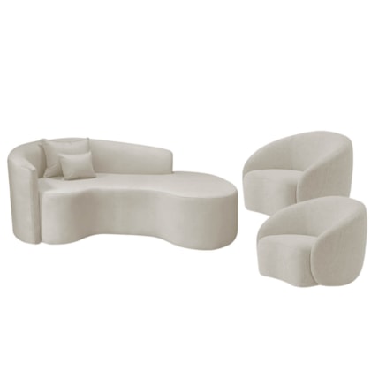 Kit Recamier Curvo Sala de Estar Inglaterra 180cm Lado Direito e 2 Poltronas Orgânica Luxo Amore Linho Bege