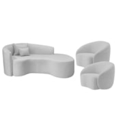 Kit Recamier Curvo Sala de Estar Inglaterra 180cm Lado Direito e 2 Poltronas Orgânica Luxo Amore Linho Cinza Claro