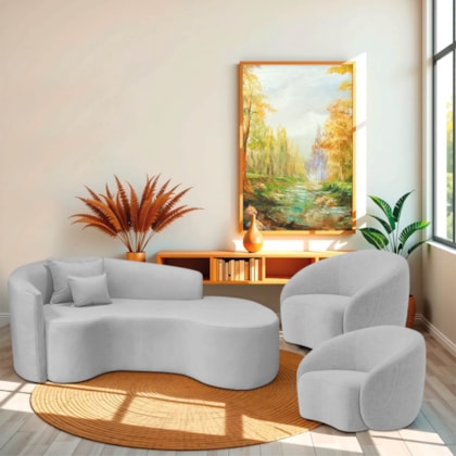 Kit Recamier Curvo Sala de Estar Inglaterra 180cm Lado Direito e 2 Poltronas Orgânica Luxo Amore Linho Cinza Claro