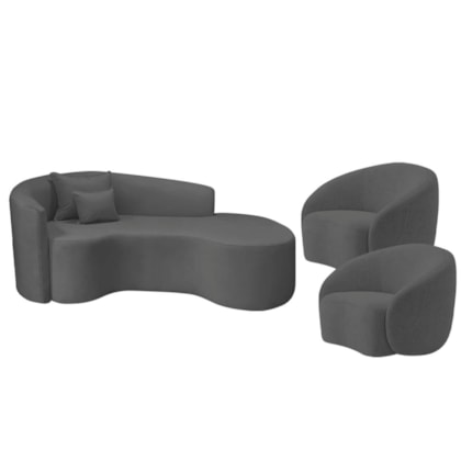 Kit Recamier Curvo Sala de Estar Inglaterra 180cm Lado Direito e 2 Poltronas Orgânica Luxo Amore Linho Cinza Escuro