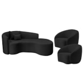 Kit Recamier Curvo Sala de Estar Inglaterra 180cm Lado Direito e 2 Poltronas Orgânica Luxo Amore Linho Preto