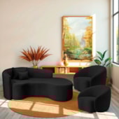 Kit Recamier Curvo Sala de Estar Inglaterra 180cm Lado Direito e 2 Poltronas Orgânica Luxo Amore Linho Preto