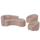 Kit Recamier Curvo Sala de Estar Inglaterra 180cm Lado Direito e 2 Poltronas Orgânica Luxo Amore Linho Rose