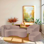 Kit Recamier Curvo Sala de Estar Inglaterra 180cm Lado Direito e 2 Poltronas Orgânica Luxo Amore Linho Rose