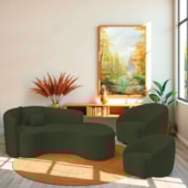 Kit Recamier Curvo Sala de Estar Inglaterra 180cm Lado Direito e 2 Poltronas Orgânica Luxo Amore Linho Verde