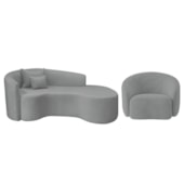 Kit Recamier Curvo Sala de Estar Inglaterra 180cm Lado Direito e Poltrona Orgânica Luxo Amore Bouclé Cinza