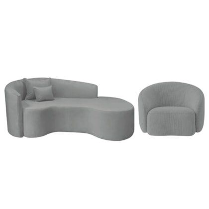 Kit Recamier Curvo Sala de Estar Inglaterra 180cm Lado Direito e Poltrona Orgânica Luxo Amore Bouclé Cinza