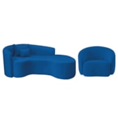 Kit Recamier Curvo Sala de Estar Inglaterra 180cm Lado Direito e Poltrona Orgânica Luxo Amore Linho Azul Royal