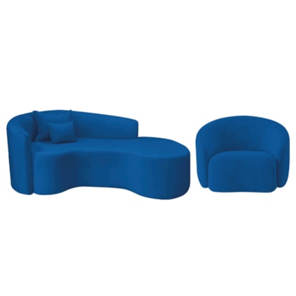 Kit Recamier Curvo Sala de Estar Inglaterra 180cm Lado Direito e Poltrona Orgânica Luxo Amore Linho Azul Royal