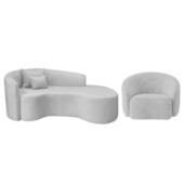 Kit Recamier Curvo Sala de Estar Inglaterra 180cm Lado Direito e Poltrona Orgânica Luxo Amore Linho Cinza Claro