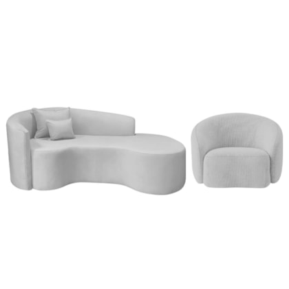 Kit Recamier Curvo Sala de Estar Inglaterra 180cm Lado Direito e Poltrona Orgânica Luxo Amore Linho Cinza Claro