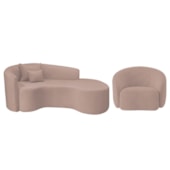 Kit Recamier Curvo Sala de Estar Inglaterra 180cm Lado Direito e Poltrona Orgânica Luxo Amore Linho Rose