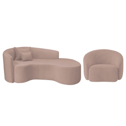 Kit Recamier Curvo Sala de Estar Inglaterra 180cm Lado Direito e Poltrona Orgânica Luxo Amore Linho Rose